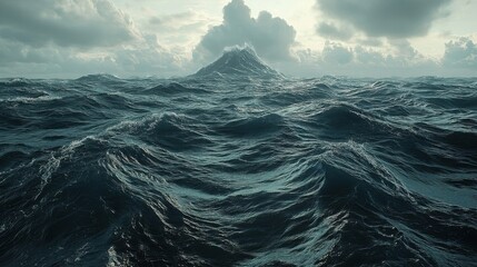 Scenic Ocean Waves Under Cloudy Sky and Mountain in Background Landscape
