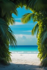 Naklejka premium Tropical beach with palm trees by the ocean and clear sky