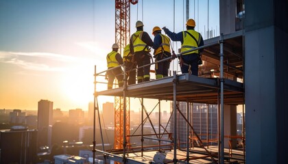 Construction workers on scaffolding at sunrise