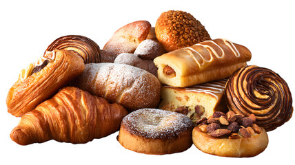 Assortment of delicious baked pastries including croissants danishes doughnuts and bread against a isolated on white transparent background PNG cutout