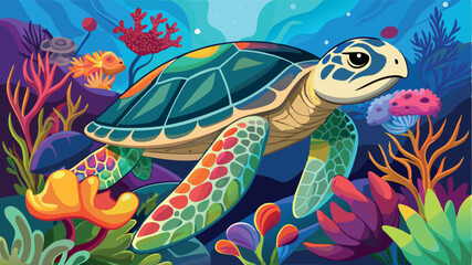Colorful turtle swimming through vibrant coral reef
