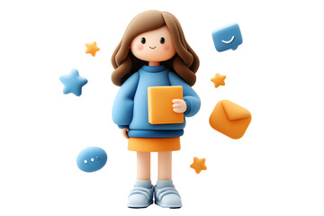 Cartoon girl with book surrounded by social media icons on black background