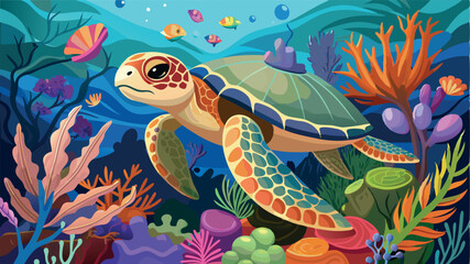 Fototapeta premium Colorful sea turtle swimming through vibrant coral reef underwater in a serene habitat teeming with diverse marine life