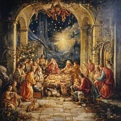 Naklejka premium The Adoration of the Magi with a Starry Night and Christmas Tree
