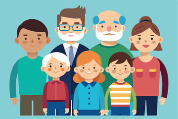 Diverse group of people standing together with smiles in a colorful graphic illustration