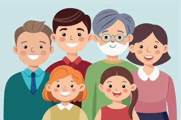 Obraz premium Family gathering featuring six smiling members with varying ages and hairstyles against a light background