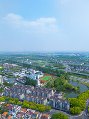 Aerial view of Shanghai Qingpu Zhujiajiao ancient town on sunny day.