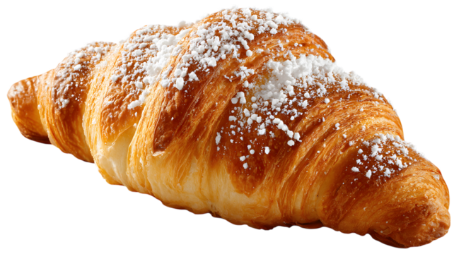 Close up of a delicious golden croissant dusted with powdered sugar against a isolated on white transparent background PNG cutout