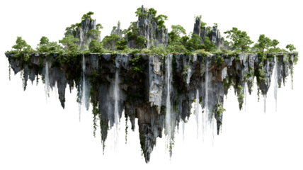 Majestic floating island with waterfalls and lush greenery in a fantasy landscape