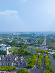 Aerial view of Shanghai Qingpu Zhujiajiao ancient town on sunny day.