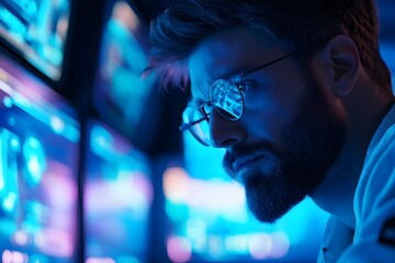 Professional man with glasses intently focused on a computer screen in a darkened room with blue lighting