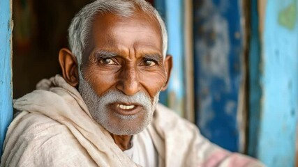 Portrait of an elderly indian man with a white beard in a rustic setting, smiling and happy - Powered by Adobe