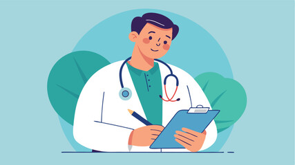 Fototapeta premium Cartoon doctor writing on clipboard in a clinic setting