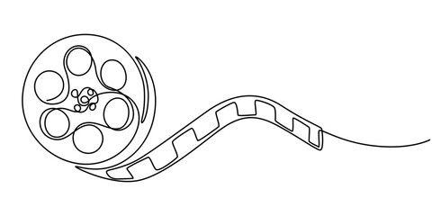 film canister reel continuous one line drawing, Film Strip Line art, One continuous line drawing of filmstrip. Retro old movie and cinema roll in simple linear style. Vintage video film strip