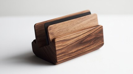 Wooden organizer with two slots for cards or small items.