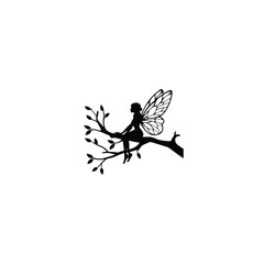 A silhouette of a fairy sitting on a tree branch on white background