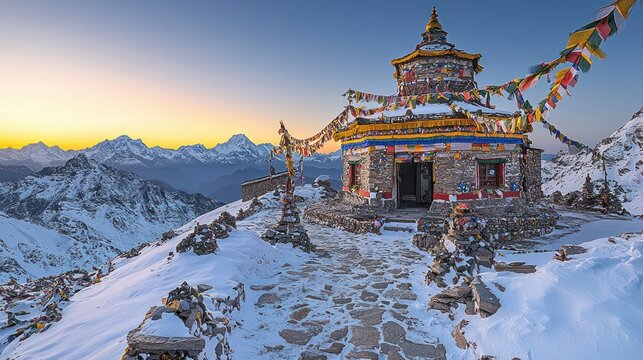 Snowy mountaintop temple at sunrise. Colorful prayer flags flutter around a stone stupa. Vast mountain range