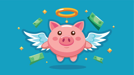Cute cartoon pig with wings and halo flying among money