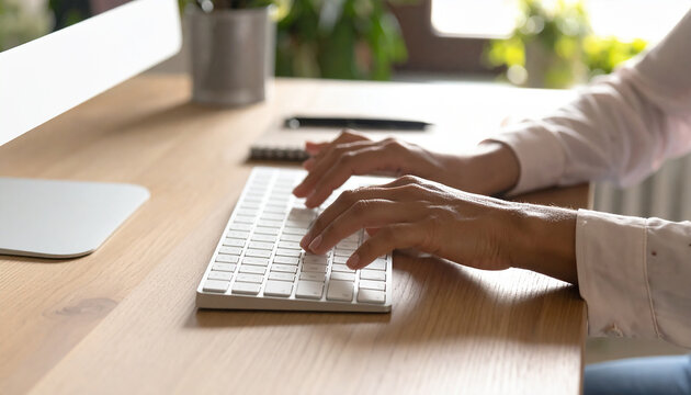Hands Typing on Computer: Human hands typing on a sleek computer keyboard at a desk, the image conveys focus, productivity, and the blend of technology.