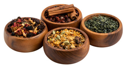 Diverse selection of aromatic spices and herbs presented in rustic wooden bowls isolated on transparent background