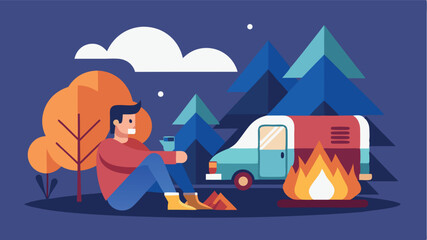 Man enjoying coffee by a campfire near a van in the forest during autumn