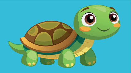 Obraz premium Colorful cartoon turtle smiles on bright blue background in playful illustration