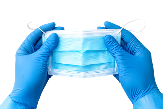 Doctor hand wear blue medical gloves holds antivirus face mask on white background for pandemic, airborne diseases, outbreak, Covid19 concept. Ai Generated Images
