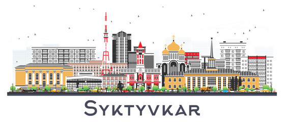 Syktyvkar Russia city skyline with color buildings isolated on white. Syktyvkar cityscape with landmarks. Travel and tourism concept with modern and historic architecture.
