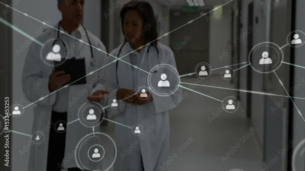 Poster Doctors walking medical corridor while tapping tablet fading profile icon and expanding network map