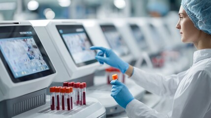 Image for a medical website, a modern medical laboratory in light tones, high automation of the research production process, modern gray-white analyzers, in the foreground medical test tubes with red 