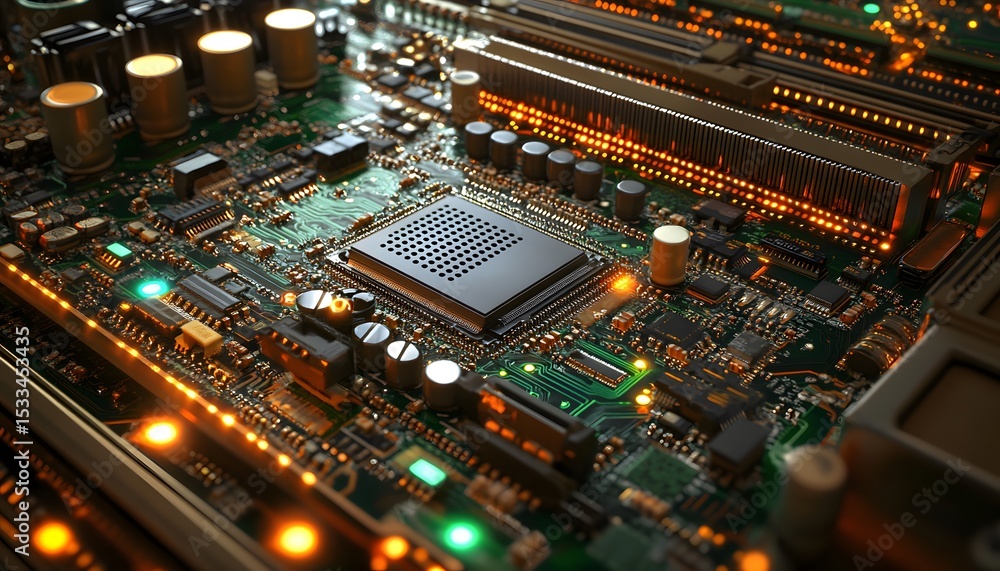 Poster close-up view of a complex electronic circuit board.