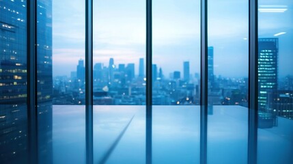 Fototapeta premium A modern office building with a glass facade and a view of the city skyline at dusk.
