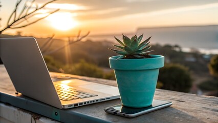 teal potted succulent on laptop at sunset
