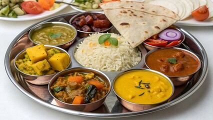 Delicious indian thali platter with rice and naan