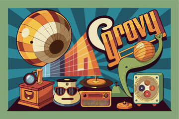 Vintage music equipment and colorful art display with retro vibe