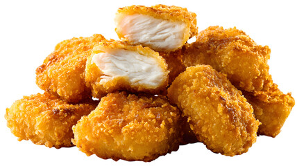 Delicious golden crispy chicken nuggets pile showing texture and filling perfect for advertising purposes