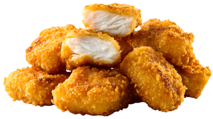 Delicious golden crispy chicken nuggets pile showing texture and filling perfect for advertising purposes