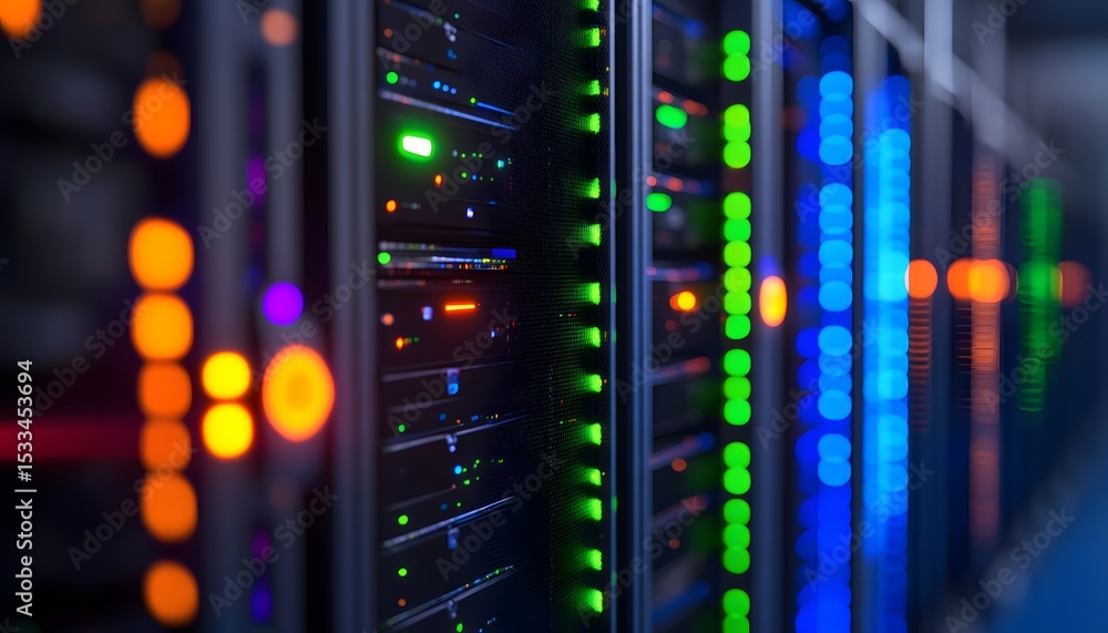 Poster close-up view of illuminated server racks.