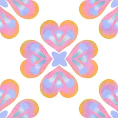 Watercolor pink flower with paper texture seamless pattern.Folk art, traditional Norwegian decorative ornament. Floral illustration style with isolate background.Scandinavian folk design.Hand drawn.