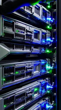 Vertical screen, server hardware installation process in modern data center with flashing lights, showing a technician inserting a server blade into a rack