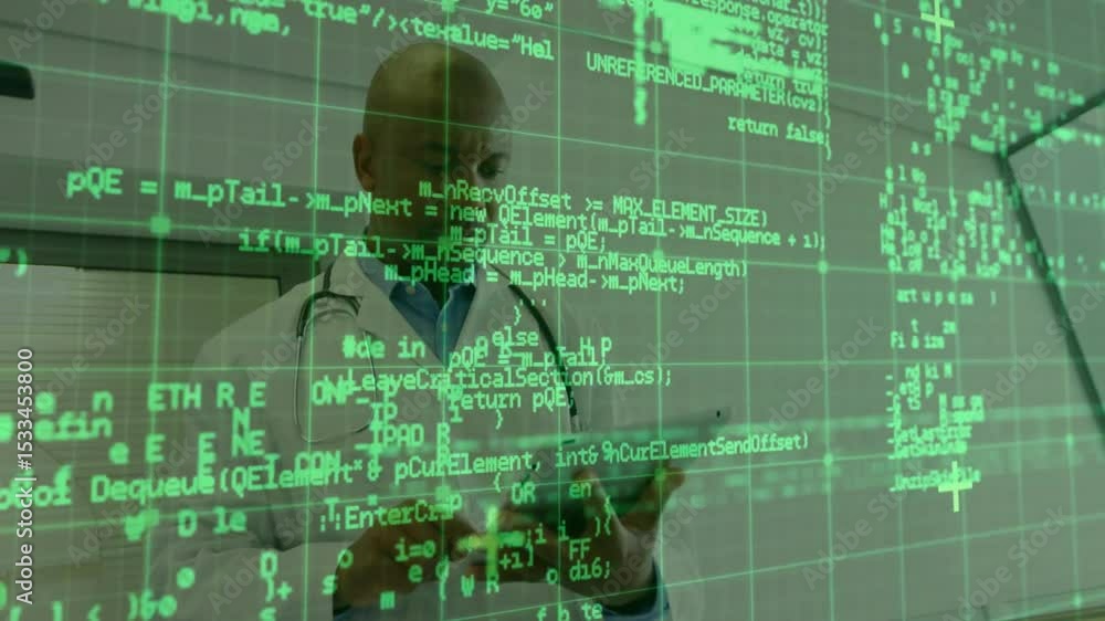 Poster doctor holding tablet in exam room with green grid lines tapping screen scrolling code overlay