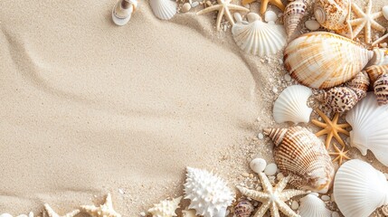 A beach scene with seashells and starfish on a sandy beach.