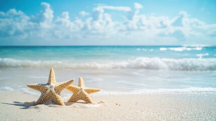 Two starfish on a sandy beach with waves in the background.