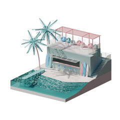 Isometric View Of A Summer Beach 3D Render Illustration Scene