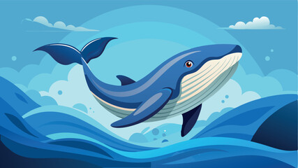 Obraz premium Colorful digital illustration of a whale swimming in the ocean, showcasing vibrant waves and a bright sky