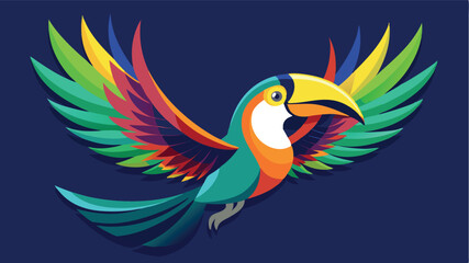 Fototapeta premium Colorful toucan with vibrant wings flying against a dark background in a stylized digital illustration