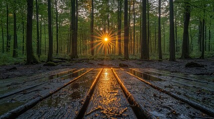 Sunlight streams through a forest, illuminating a wet wooden picnic table