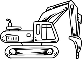 Black and white sketch of a crawler excavator with hydraulic arm