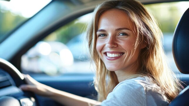 A young woman smiling while driving a car.