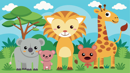 Naklejka premium Colorful cartoon animals gathered in a lush green landscape under a clear blue sky